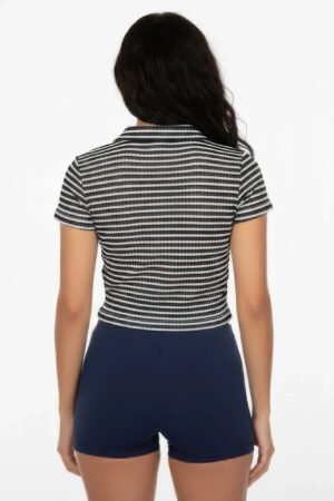Women's Pineapple Knit Striped Polo Crop Top Women's Pineapple Knit Striped Polo Crop Top