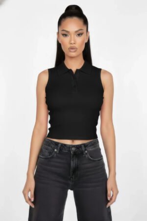 Slim-fit Sleeveless Polo Collar Crop Top Slim-fit Sleeveless Polo Collar Crop Top