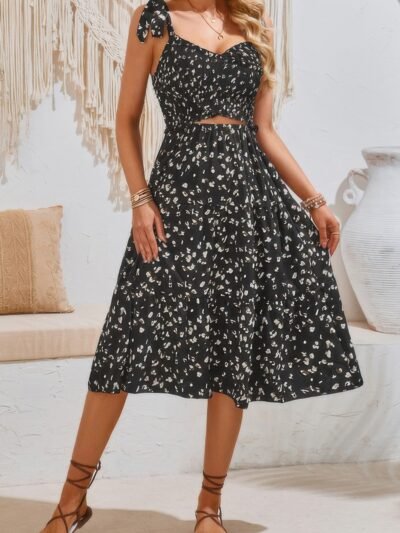 Square Neck Leopard Cut Out Elastic Waist Dress