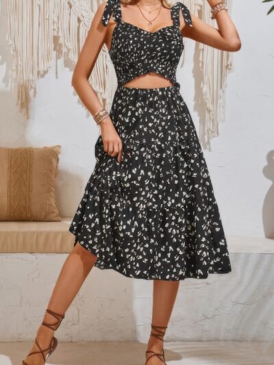 Square Neck Leopard Cut Out Elastic Waist Dress Square Neck Leopard Cut Out Elastic Waist Dress
