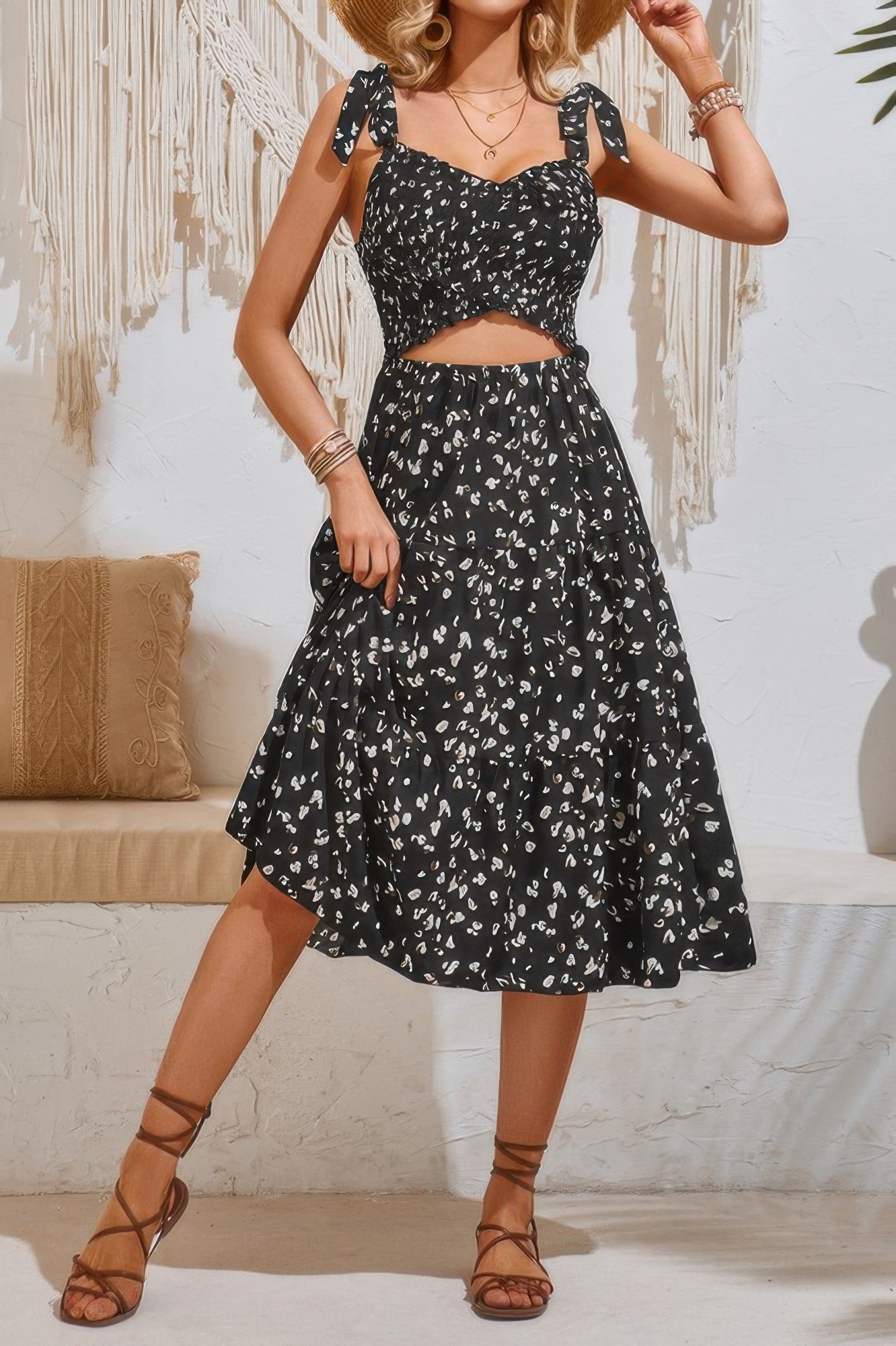 Square Neck Leopard Cut Out Elastic Waist Dress Square Neck Leopard Cut Out Elastic Waist Dress - Image 2