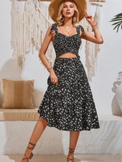 Square Neck Leopard Cut Out Elastic Waist Dress Square Neck Leopard Cut Out Elastic Waist Dress