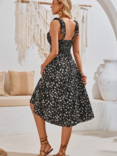 Square Neck Leopard Cut Out Elastic Waist Dress Square Neck Leopard Cut Out Elastic Waist Dress