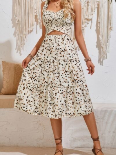 Square Neck Leopard Cut Out Elastic Waist Dress Square Neck Leopard Cut Out Elastic Waist Dress