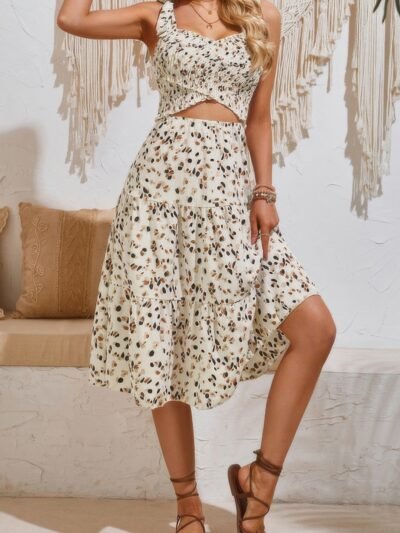 Square Neck Leopard Cut Out Elastic Waist Dress Square Neck Leopard Cut Out Elastic Waist Dress