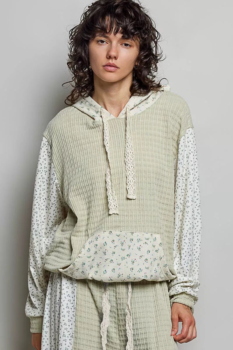 POL Mixed Knit Contrast Print Sleeve Hoodie with Kangaroo Pocket a0d51b9d-6663-46db-bf71-e6123d490afa-Max-Origin