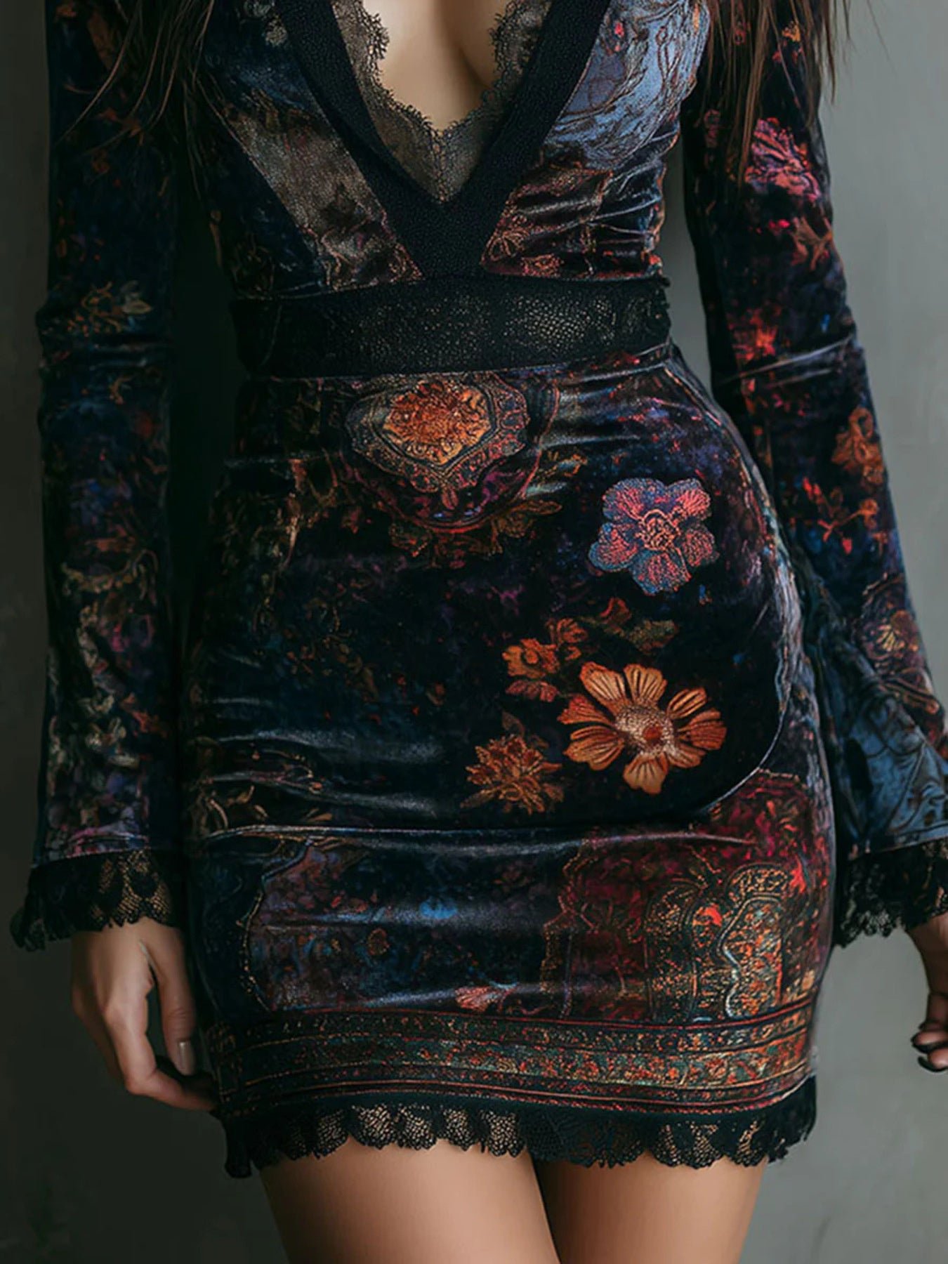 Lace Detail Floral Velvet Mini Dress a2066b01829740a8b67dbdc1cf1884a0-Max