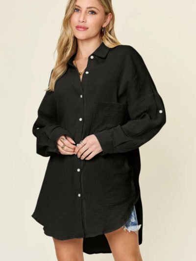 Double Take Full Size Pocketed Texture Button Up Shirt a318b03e-7c8b-413d-a18e-b6edb5407161-Max