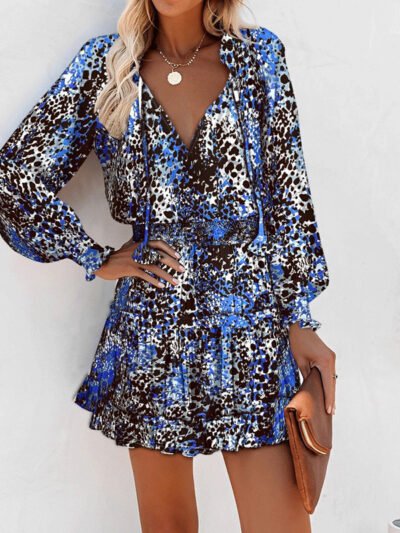 Flowers Print Long Sleeve Dress Fashion Patchwork Puff Sleeve Waist Dresses Womens Clothing