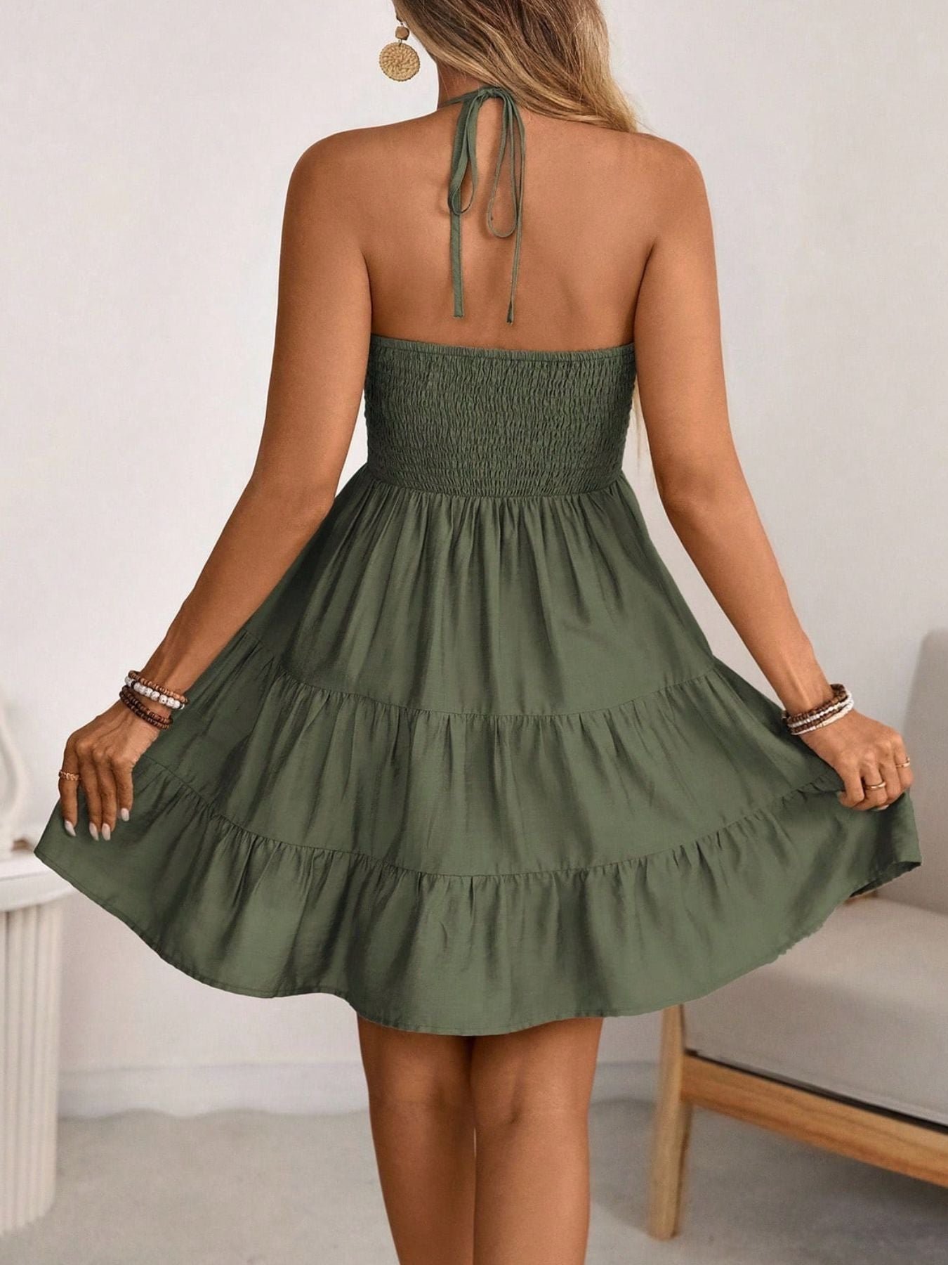 Smocked Halter Neck Tiered Dress a75c235e-7dd0-4a9c-97f9-20d5ec977a3d-Max