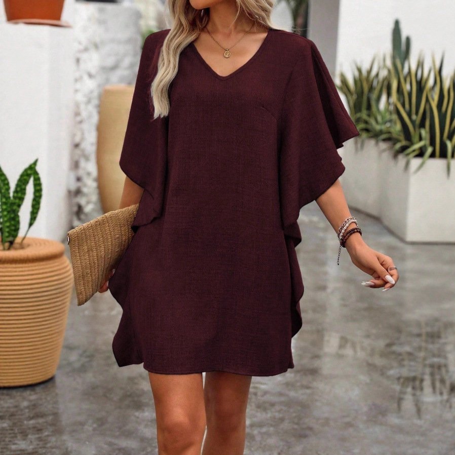 Solid-color Loose-fitting Flowing V-neck Dress With Ruffled Hem Solid-color Loose-fitting Flowing V-neck Dress With Ruffled Hem - Image 4