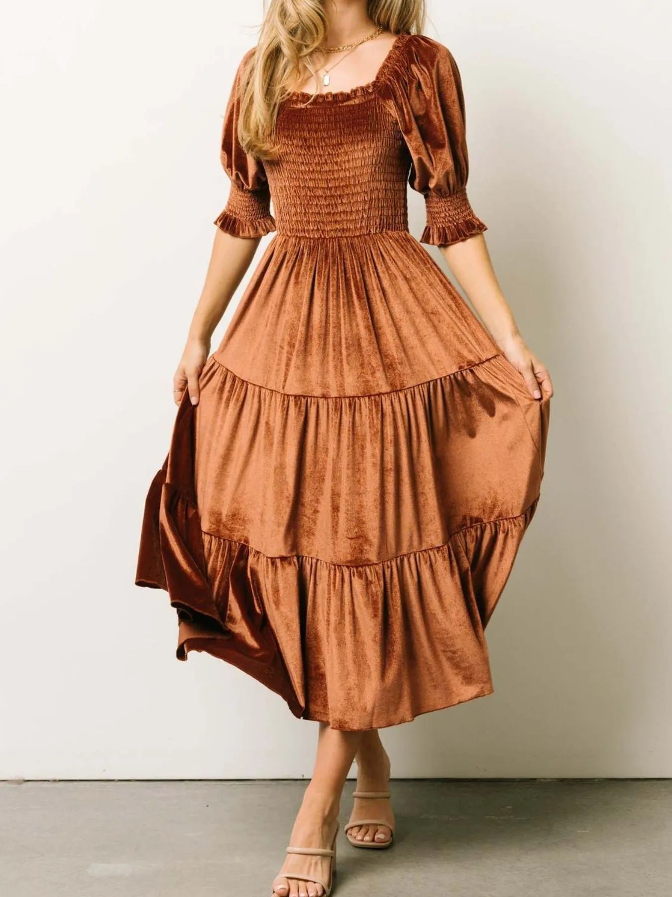 Smocked Half Sleeve Tiered Midi Dress aa5ec21b-c21d-4151-b9dd-f7679efd2184-Max-Origin