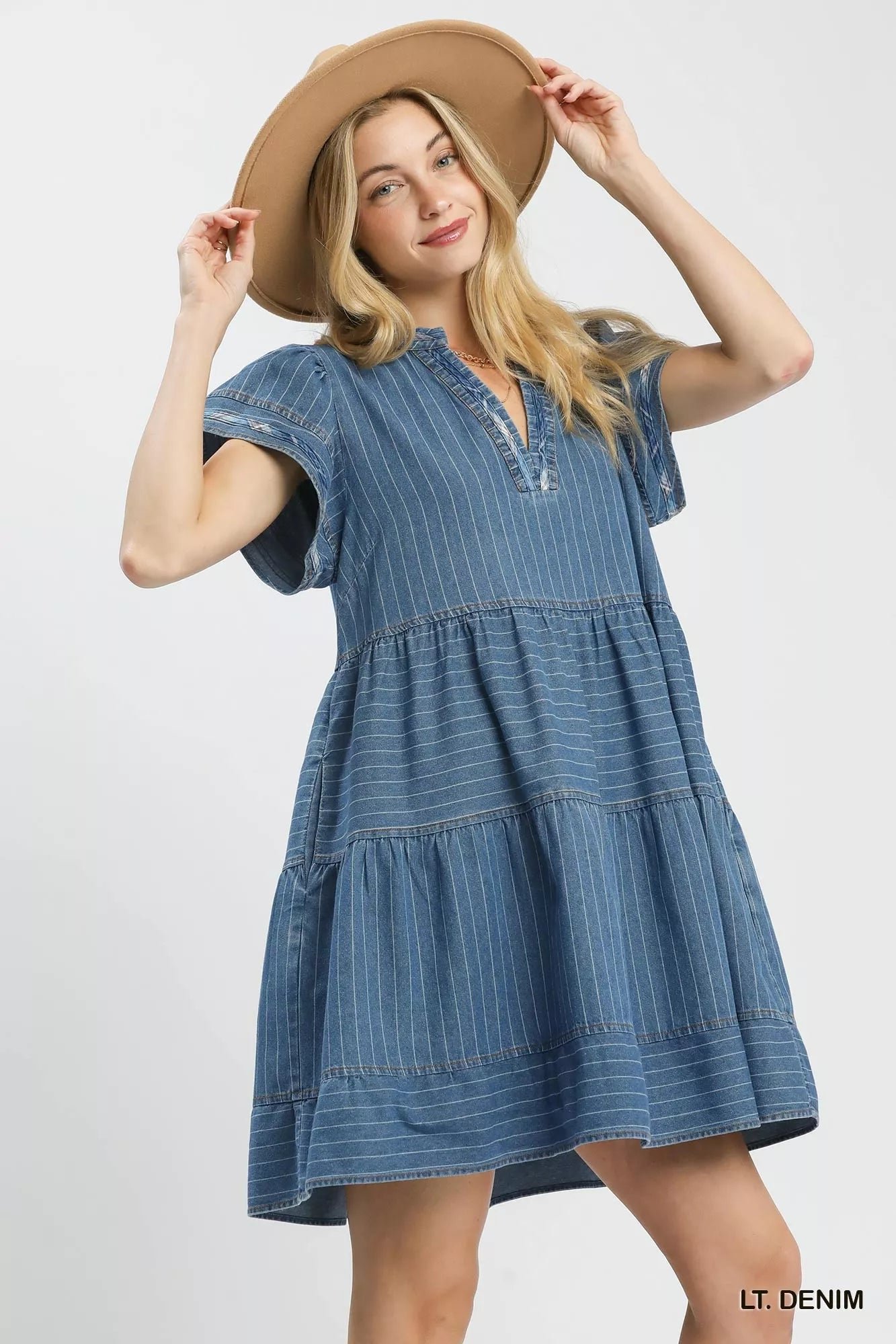 Umgee Chambray Tiered Babydoll Dress aa9c7e1b-651c-4428-8e99-7d25336906a0-Max-Origin
