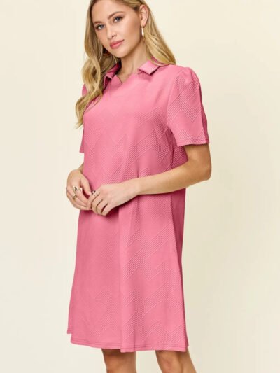 Double Take Full Size Texture Collared Neck Short Sleeve Dress abc40372-4f09-4bca-a037-3b3e9431612b-Max