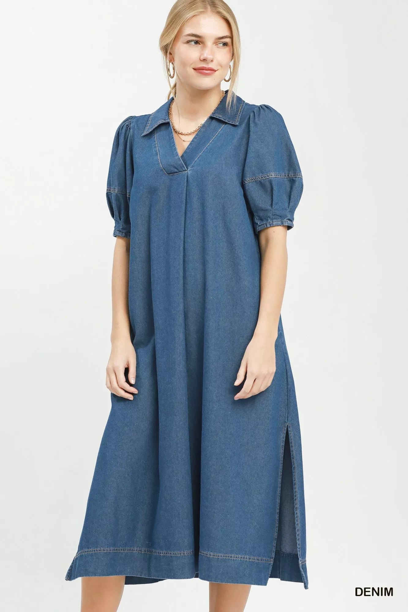 Umgee Chambray Collared Puff Sleeve Dress acd44dc5-2b97-4844-9d9f-2940e6e6995a-Max-Origin