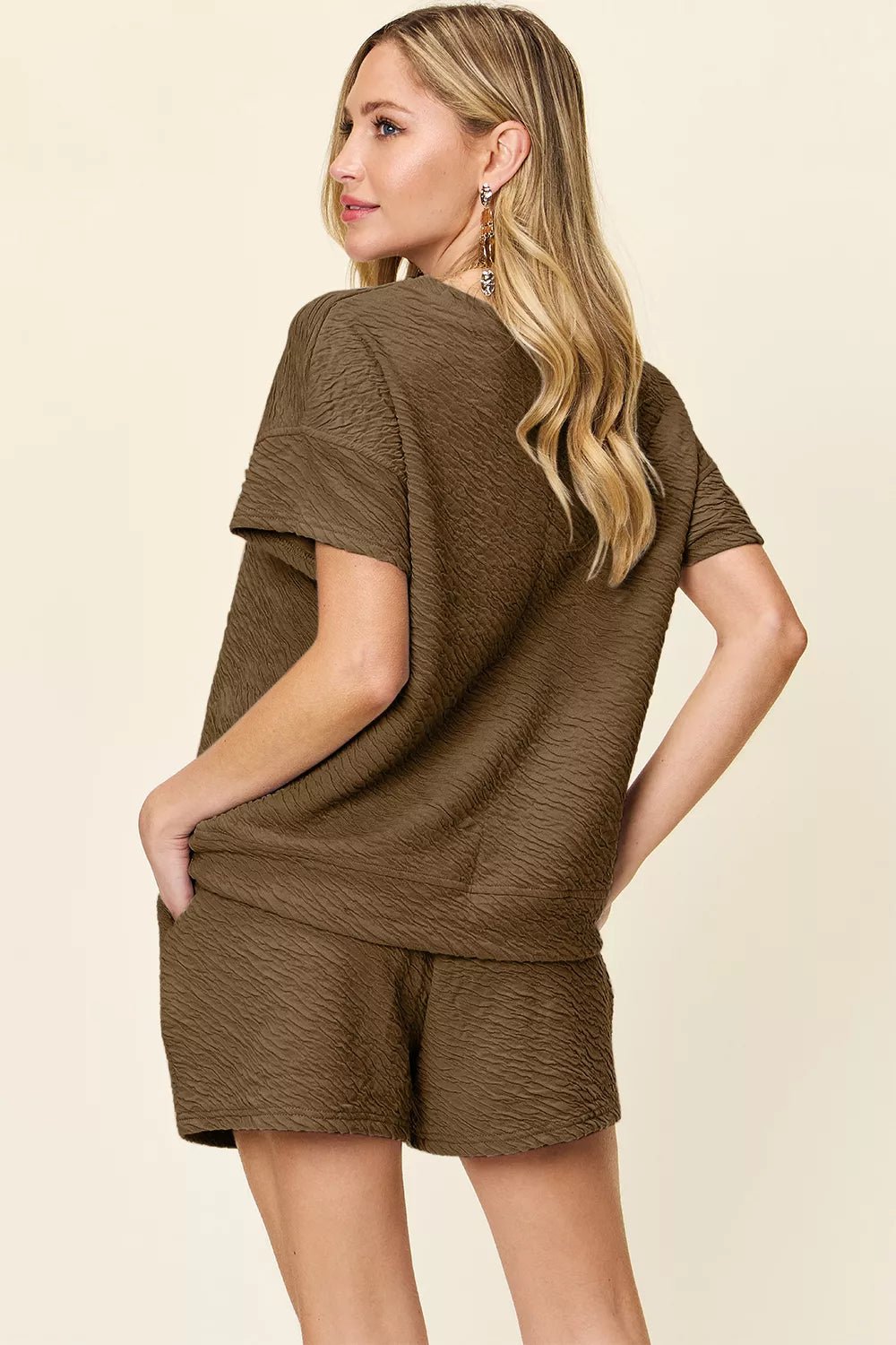 Double Take Full Size Texture Short Sleeve T-Shirt and Drawstring Shorts Set ad5e6490-d577-4bbe-aa86-87ad807bb749-Max