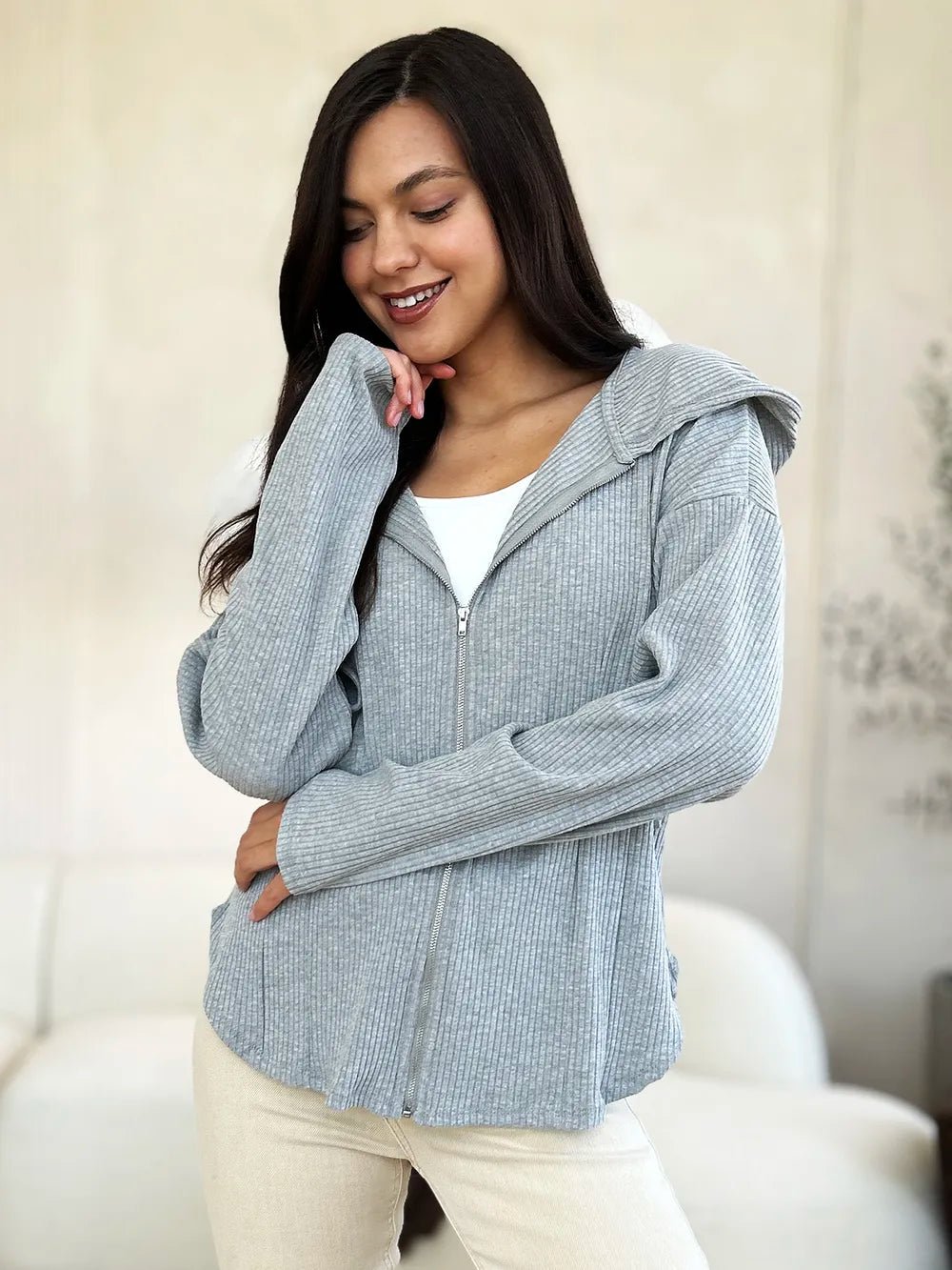 Culture Code Full Size Ribbed Zip Up Drawstring Hooded Jacket adaaaf53-2b97-44e2-8ae6-d3b546a201a4-Max