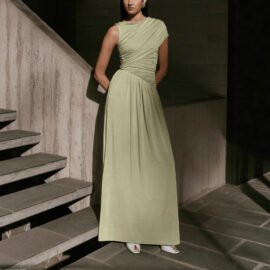 Elegant Solid-Color Pleated Asymmetrical-Neck Bodycon Dress