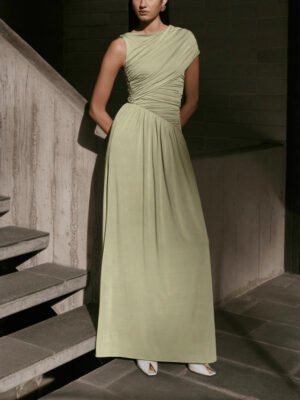 Elegant Solid-Color Pleated Asymmetrical-Neck Bodycon Dress