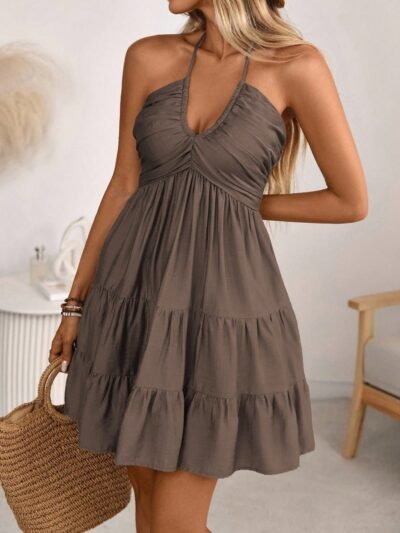 Smocked Halter Neck Tiered Dress b2a31336c21541309ae140fb6c377a96-Max
