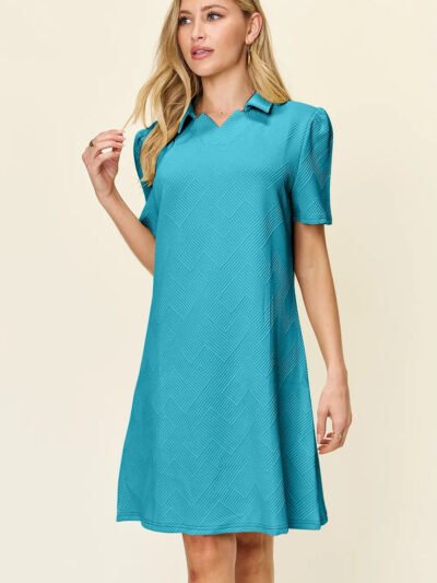 Double Take Full Size Texture Collared Neck Short Sleeve Dress b40f7f9a-54c2-4023-b3c5-2e4838bb0c39-Max