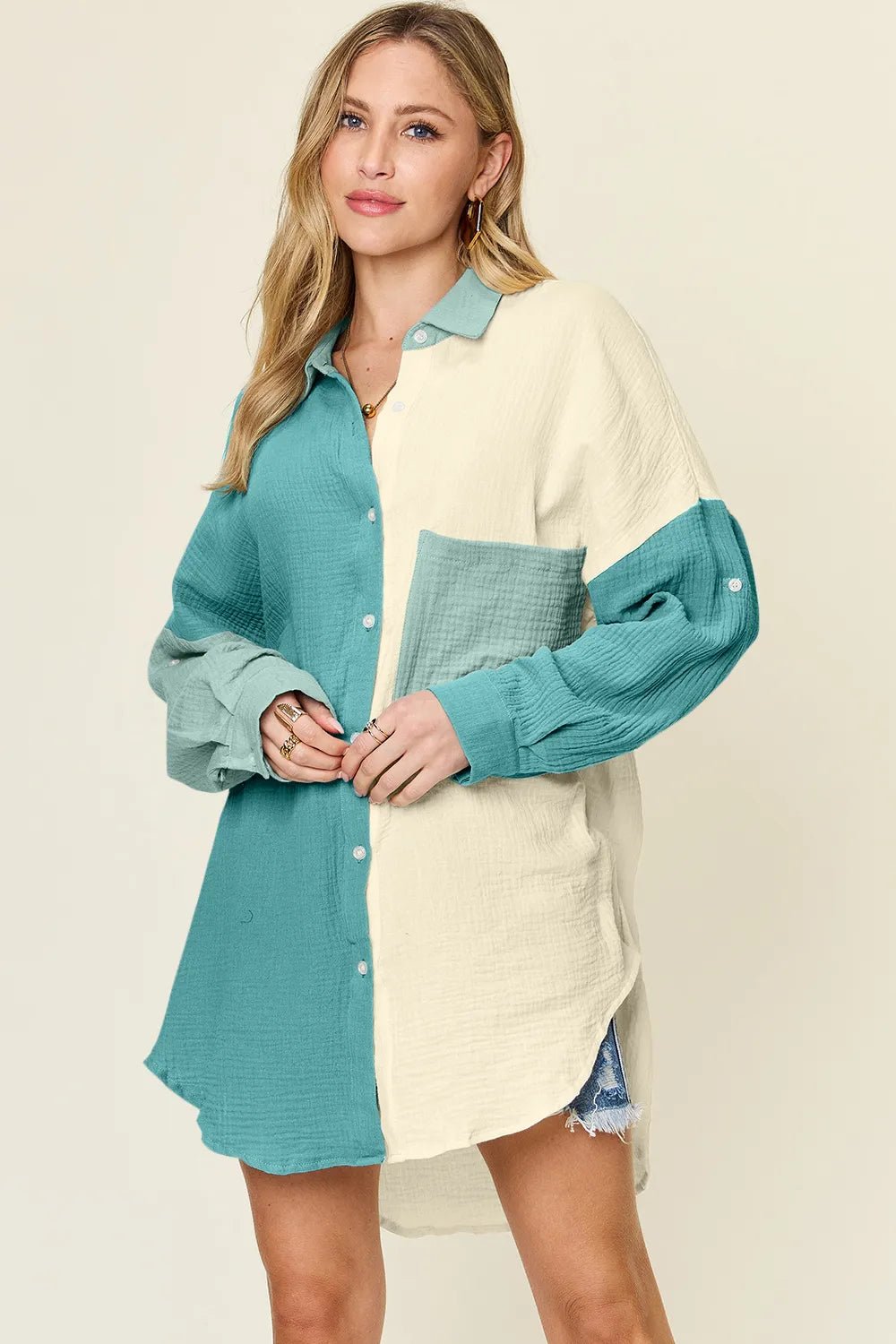 Double Take Full Size Pocketed Texture Button Up Shirt b51136bc-ab03-45eb-a206-23bb13f526d7-Max