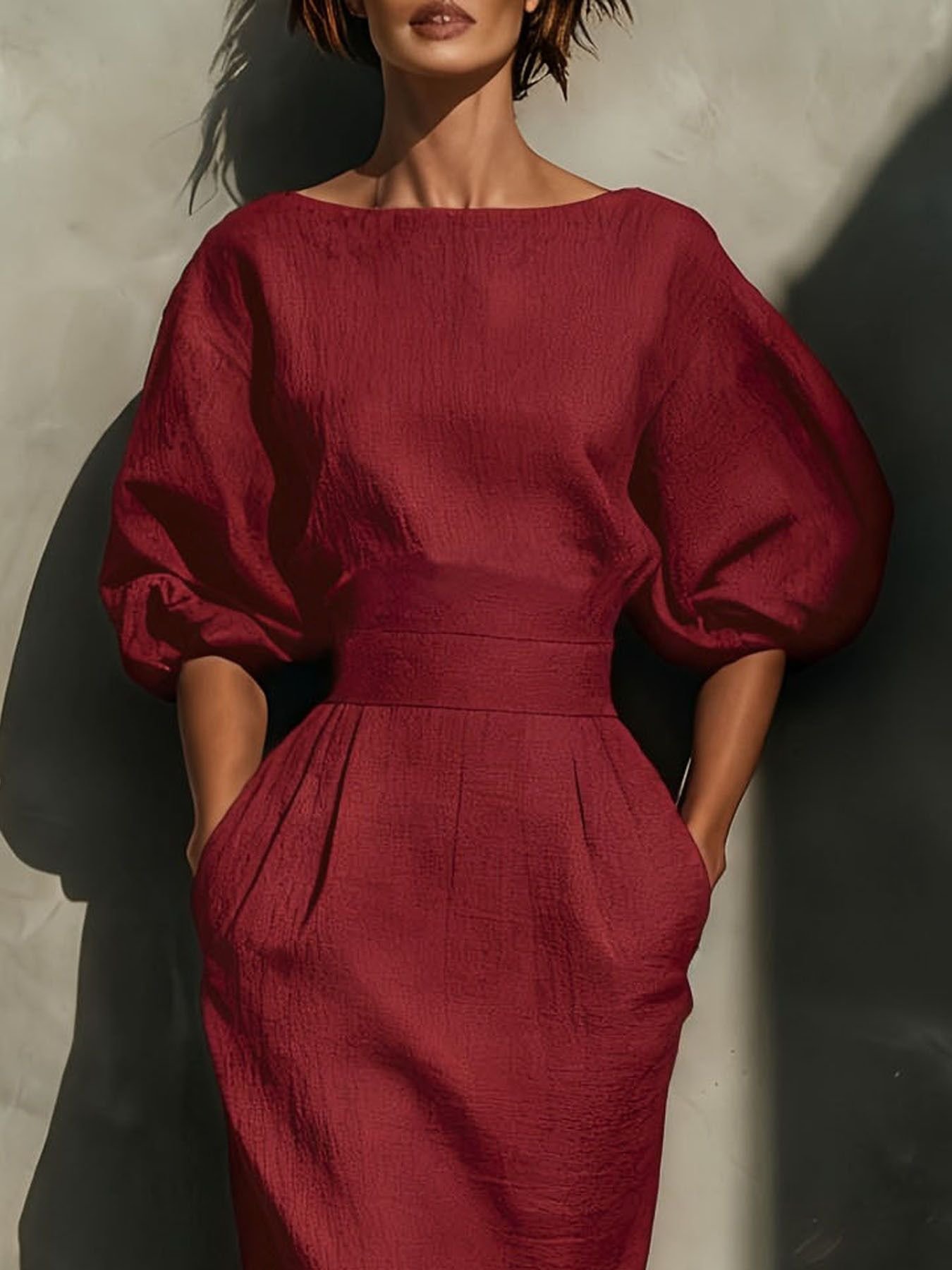 Round Neck Puff Sleeves Midi Dress b6446573-c07c-4da0-9de9-962421c65264-Max
