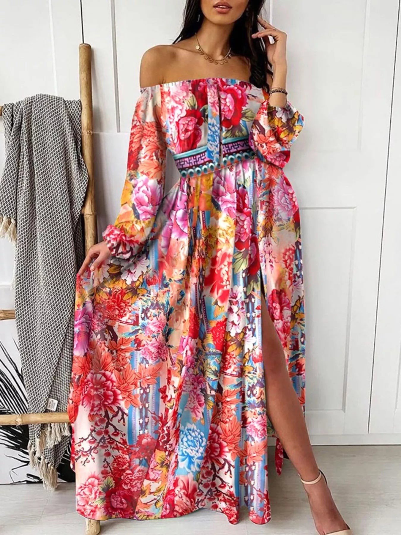 Slit Printed Off Shoulder Maxi Dress d4ecc06290b64a5396819673ebe66a98-Max-Origin