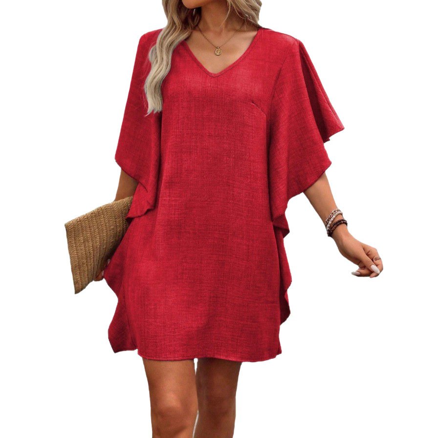 Solid-color Loose-fitting Flowing V-neck Dress With Ruffled Hem Solid-color Loose-fitting Flowing V-neck Dress With Ruffled Hem - Image 5