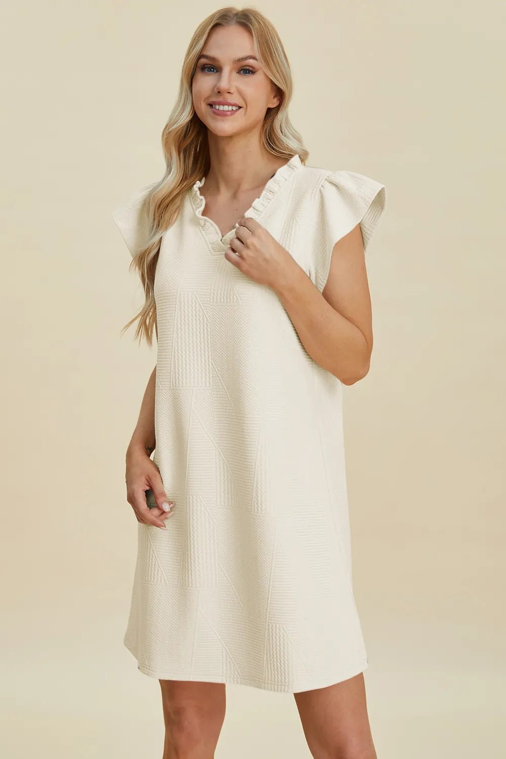 Double Take Full Size Ruffled V-Neck Cap Sleeve Dress b9247fc8-d791-4d94-a9c5-dbf669bbbd30-Max