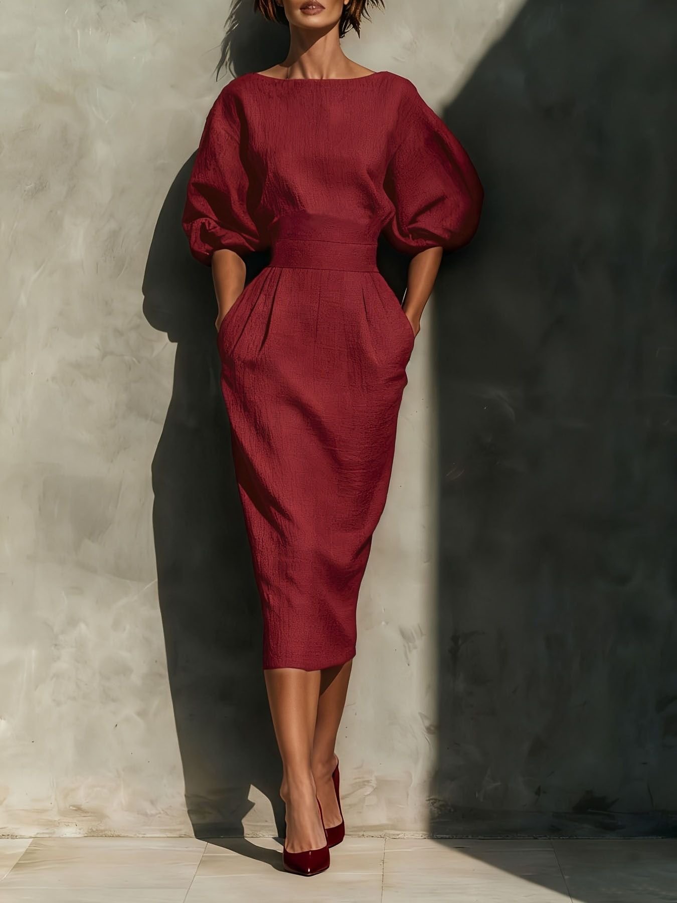Round Neck Puff Sleeves Midi Dress bbd1e453-db5e-4fa1-ac3b-06ac6d3da84a-Max