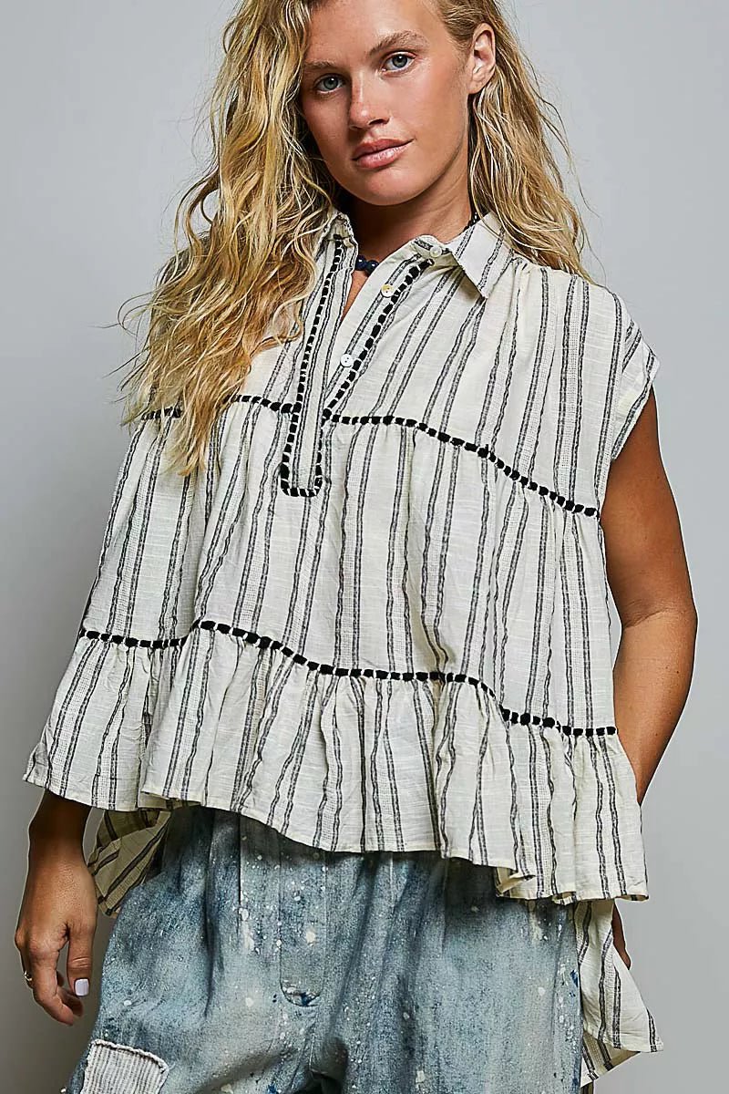 POL Striped Ruffle Collared Sleeveless Cotton Top bbfba681-7a65-45e4-b4d8-b56e872e55cb-Max-Origin