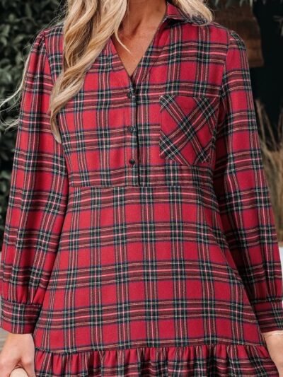 Red Plaid Shirt Collar Half Button Ruffle Hem Long Sleeve Mini Dress