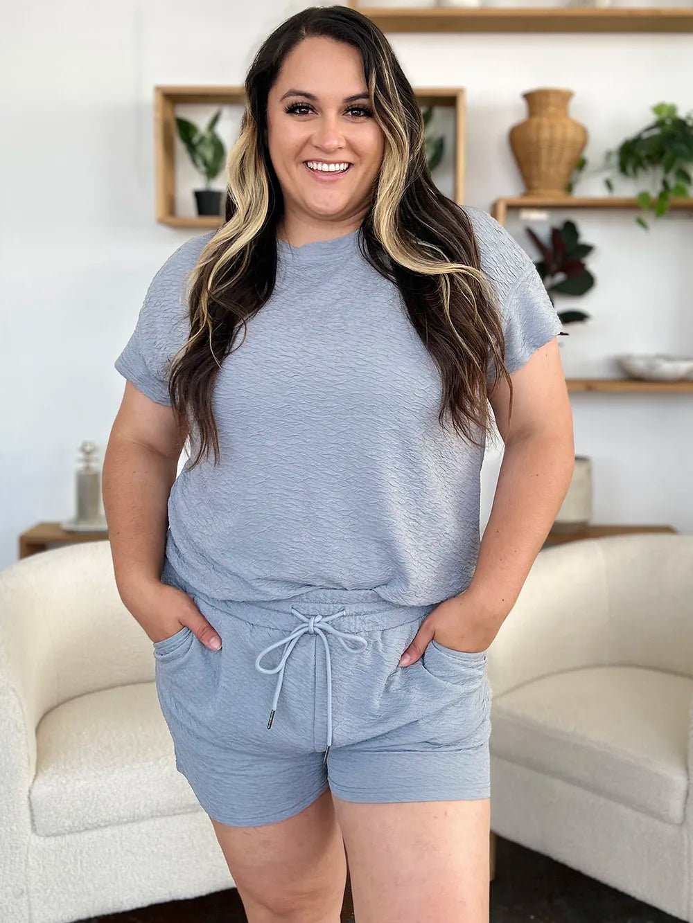 Double Take Full Size Texture Short Sleeve T-Shirt and Drawstring Shorts Set bc774db2-a395-4c56-a543-adbef69b96f1-Max