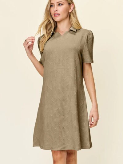 Double Take Full Size Texture Collared Neck Short Sleeve Dress bd0805d8-1f8a-4496-bba0-66b16945232a-Max