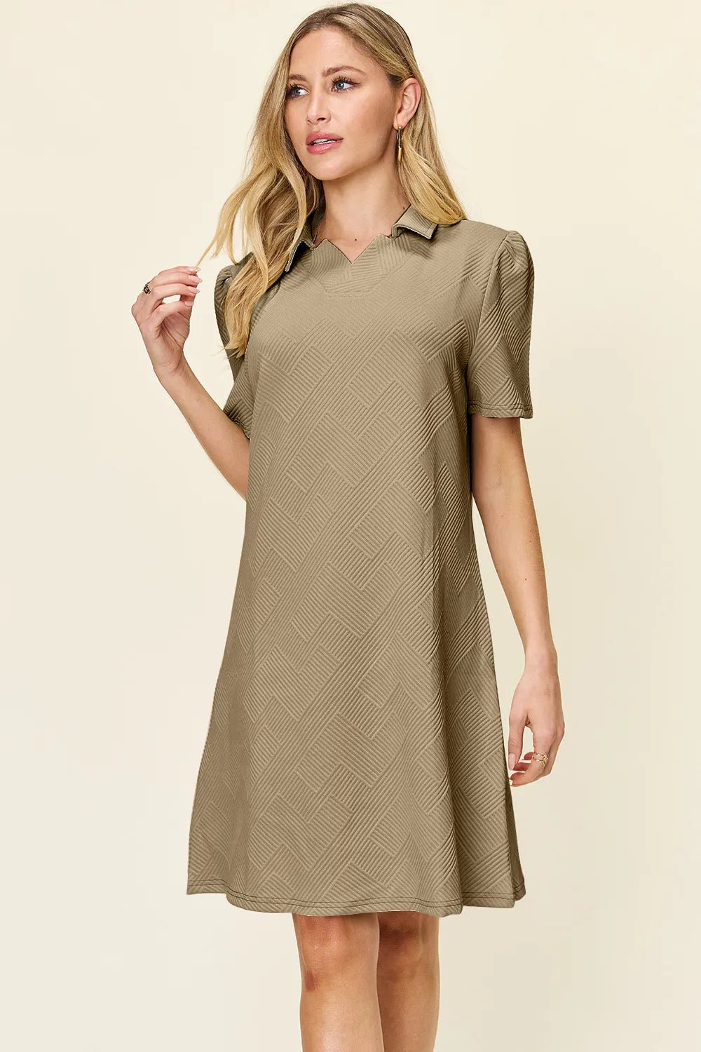 Double Take Full Size Texture Collared Neck Short Sleeve Dress bd0805d8-1f8a-4496-bba0-66b16945232a-Max