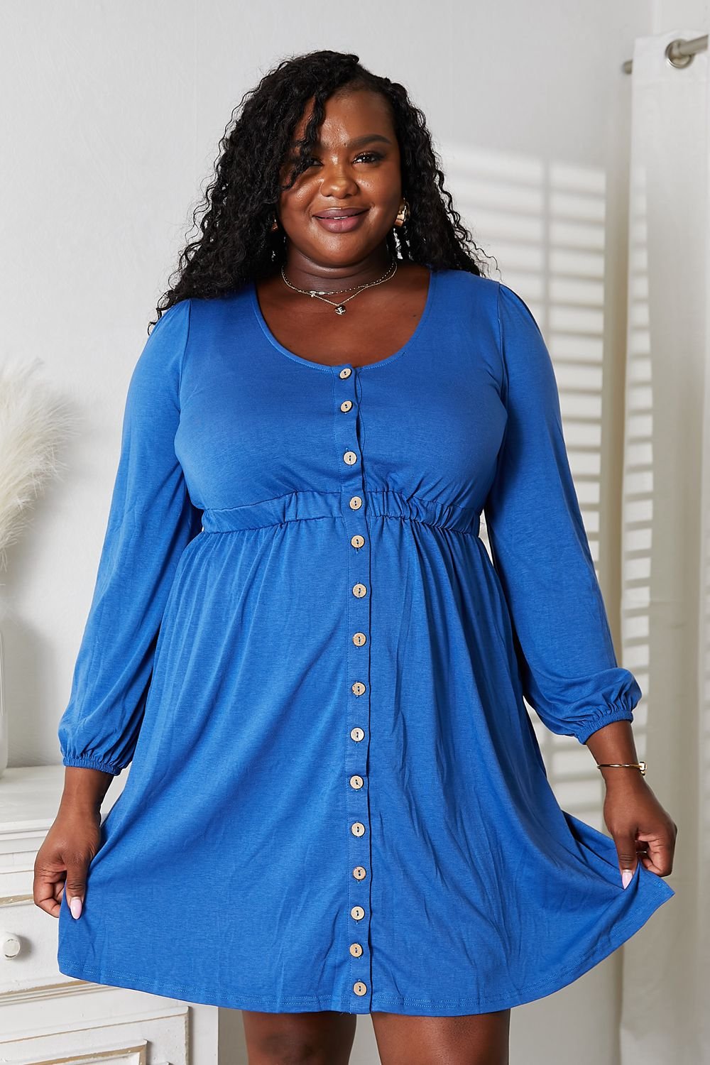 Double Take Scoop Neck Empire Waist Long Sleeve Magic Dress bda1a422c58a4bd5a14ec20d66b1a45d-Max