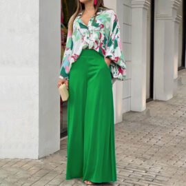No-Iron Pants Women Wrinkle Free Printed Commuter Trousers