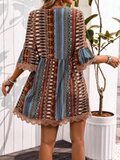 Lace Trim Printed V-Neck 3/4 Sleeve Dress c4bbf251-f395-4be2-9933-9207a03fda9e-Max