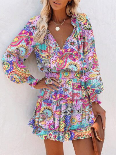 Flowers Print Long Sleeve Dress Fashion Patchwork Puff Sleeve Waist Dresses Womens Clothing