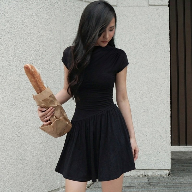 Lace-up Pleated Solid-color Short-sleeve Dress Lace-up Pleated Solid-color Short-sleeve Dress - Image 4