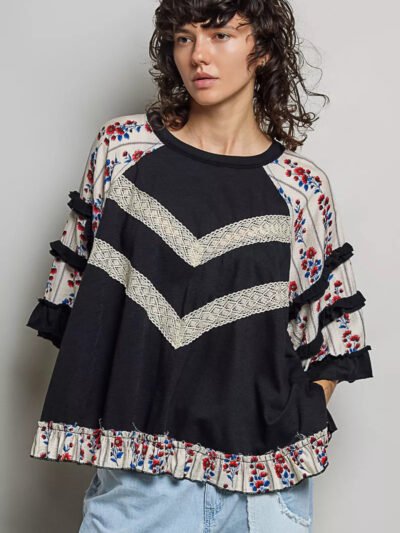 POL Round Neck Half Sleeve Contrast Floral Lace Oversized Knit Top c6ce8216-24ad-4fcc-9eda-b004243160ea-Max-Origin