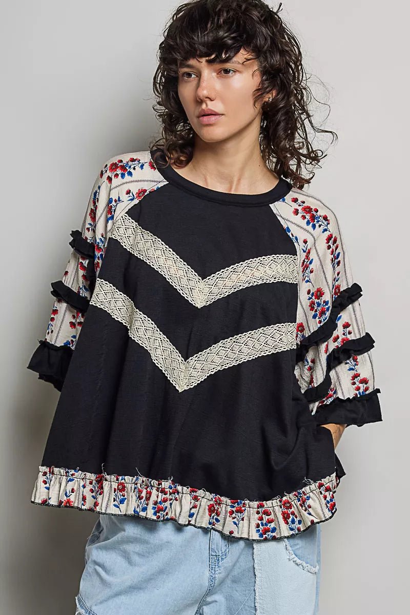 POL Round Neck Half Sleeve Contrast Floral Lace Oversized Knit Top c6ce8216-24ad-4fcc-9eda-b004243160ea-Max-Origin