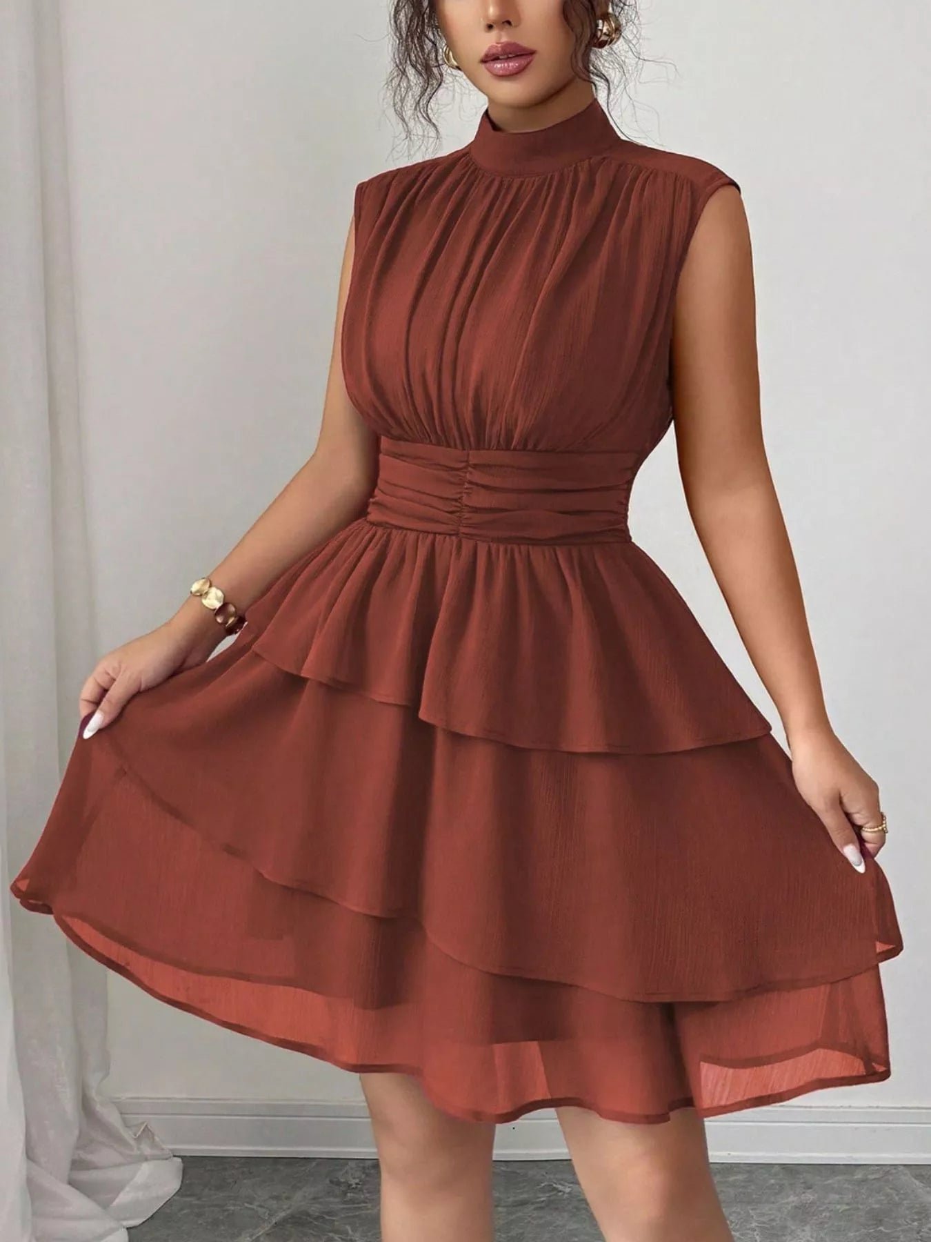 Sleeveless Mock Neck Layered Ruffle Dress c7c085e4-2937-4ddc-a30a-fc2946af3beb-Max-Origin