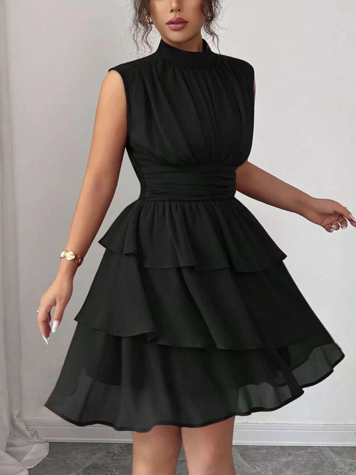 Sleeveless Mock Neck Layered Ruffle Dress cc69dd80-2bcf-46d9-bd37-f70a012c7c8d-Max-Origin