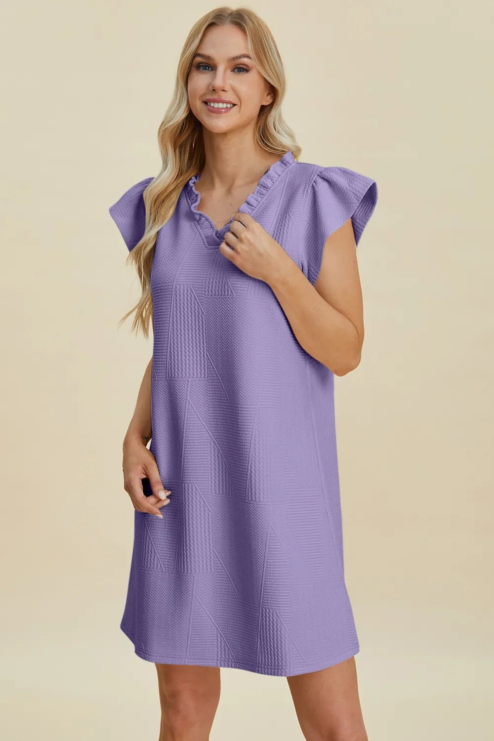 Double Take Full Size Ruffled V-Neck Cap Sleeve Dress cde3c3a9-1cf4-4281-b065-78b90899f76d-Max