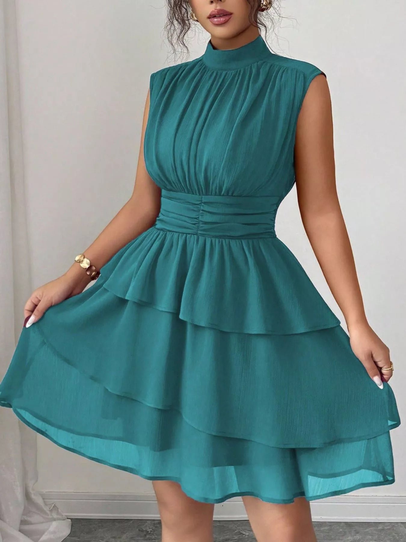 Sleeveless Mock Neck Layered Ruffle Dress cfac1b20-ba94-4d57-936f-92ebd5a1541c-Max-Origin