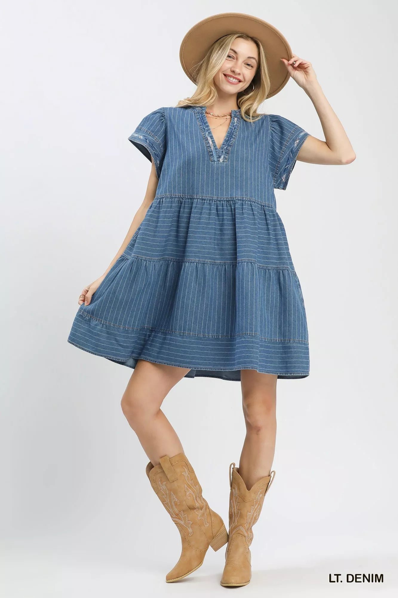 Umgee Chambray Tiered Babydoll Dress d78f1511-1455-483b-8663-d4c025bb63ee-Max-Origin