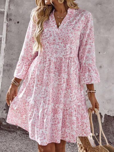 Loose V-neck Ruffle Floral Dress For Women Loose V-neck Ruffle Floral Dress For Women