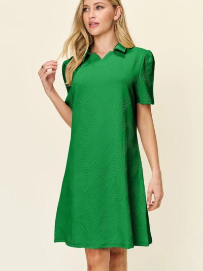 Double Take Full Size Texture Collared Neck Short Sleeve Dress d8987454-b2e5-4ea0-84bb-6050aaf35a99-Max